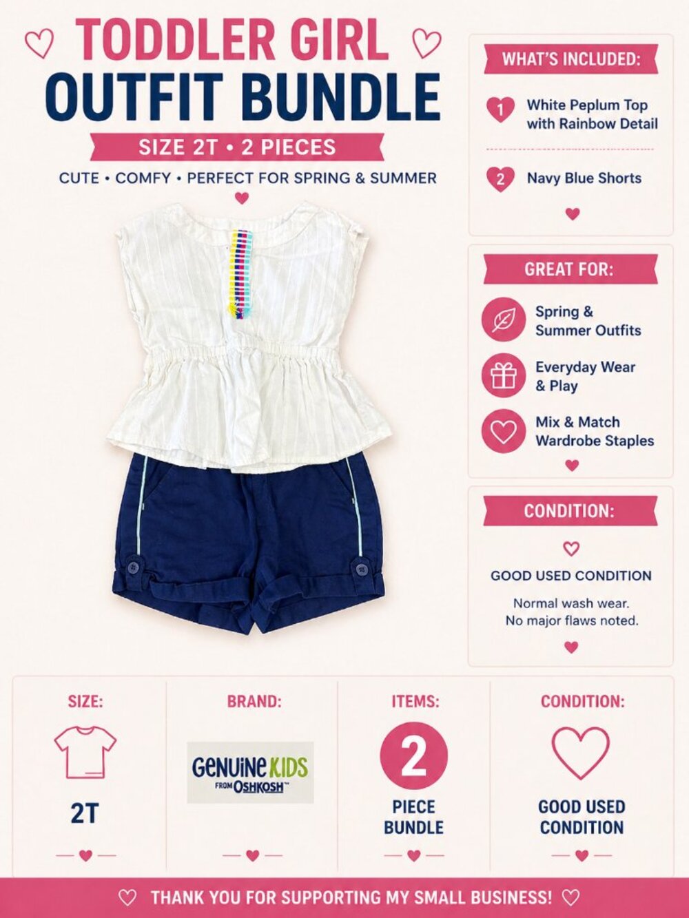 Toddler Girl Outfit 2T | OshKosh White Top + Navy Shorts | Summer Set
